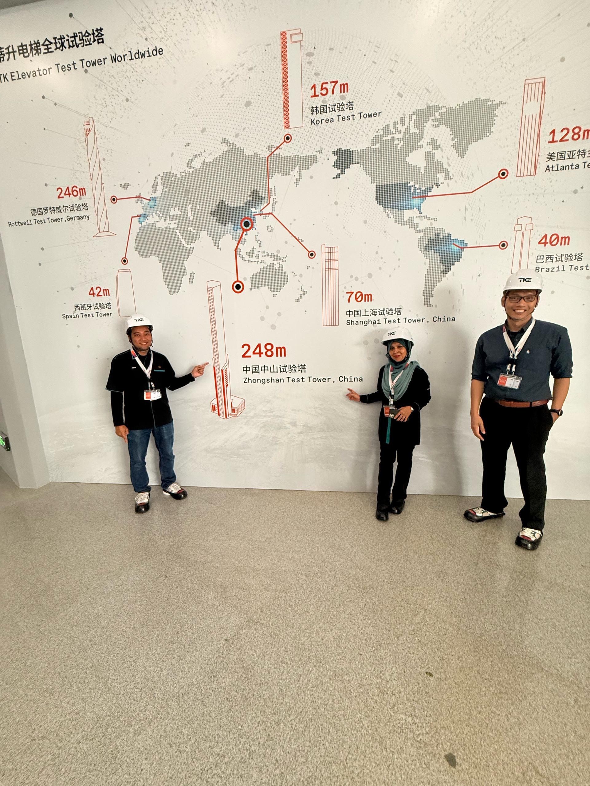 Wall map of TKE test towers worldwide, with the group posing in hard hats; the Zhongshan tower is marked 248m